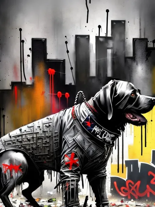 Prompt: Abstract art of a black dogs in gangster clothes, graffiti, streets, patriotic, detailed, atmospheric lighting, battle in the background, highres, ultra-detailed, abstract, gangster, detailed clothing, patriotic theme, streets, atmospheric lighting, dogs