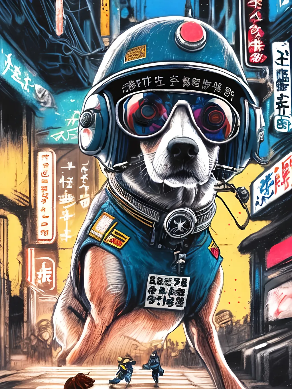 Prompt: pop art chalk pastel art of a detailed dog wearing a pilot uniform playing in the streets in cyberpunk japan during a festival, sketch, detailed background, highres, fun atmosphere, natural lighting,  abstract, fun