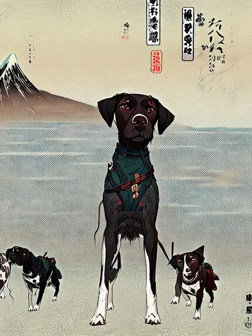 Prompt: black mountain cur dogs pooping in hiroshige wave 