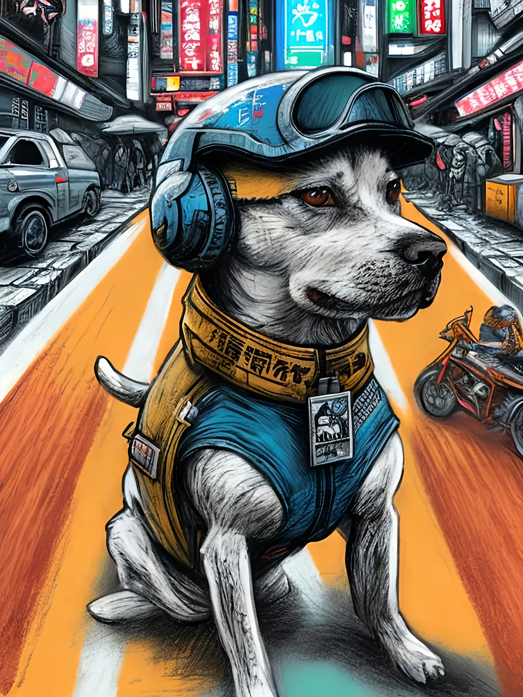 Prompt: pop art chalk pastel art of a detailed dog wearing a pilot uniform playing in the streets in cyberpunk japan during a festival, sketch, detailed background, highres, fun atmosphere, natural lighting,  abstract, fun