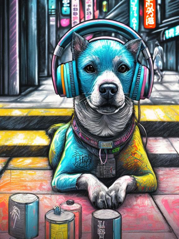 Prompt: pop art chalk pastel art of a detailed dog listening to music on the streets in cyberpunk japan during a festival, sketch, detailed background, highres, fun atmosphere, natural lighting,  abstract, fun