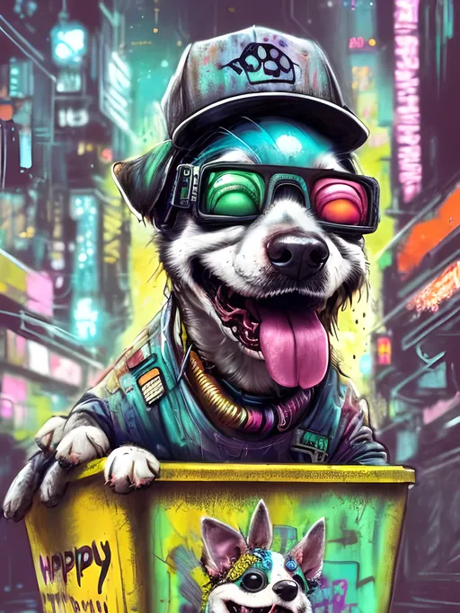 Prompt: Detailed happy dog wearing clothes dumpster diving during a festival, sketch, chalk pastel, detailed cyberpunk city background, grunge, highres, abstract, natural lighting, lively atmosphere, fun, detailed dogs, colorful, vibrant, happy-go-lucky