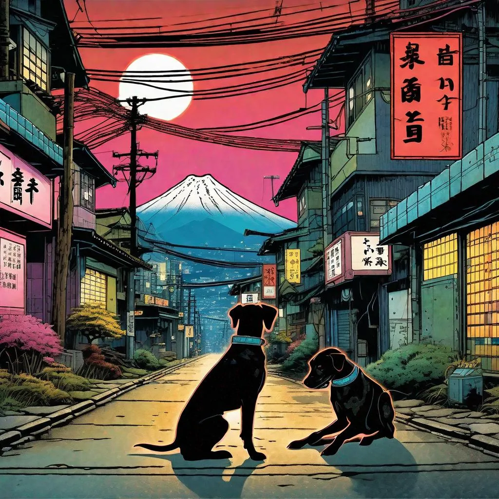 Prompt: black mountain cur dogs in cyberpunk hiroshige