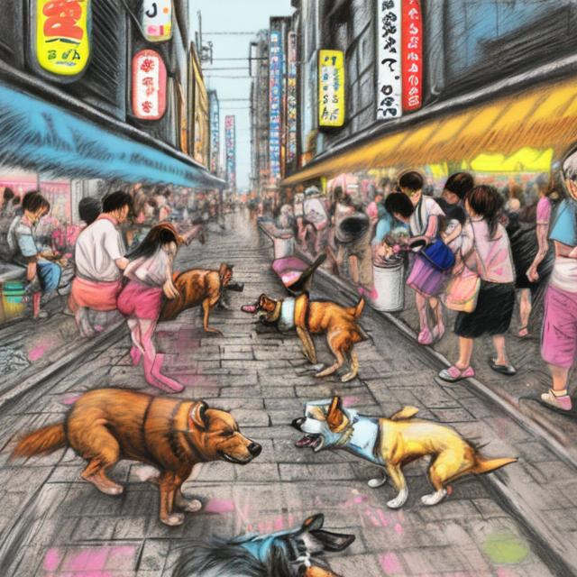 Prompt: pop art chalk pastel art of detailed dogs playing in the streets in japan during a festival, sketch, detailed background, highres, fun atmosphere, natural lighting,  abstract, fun