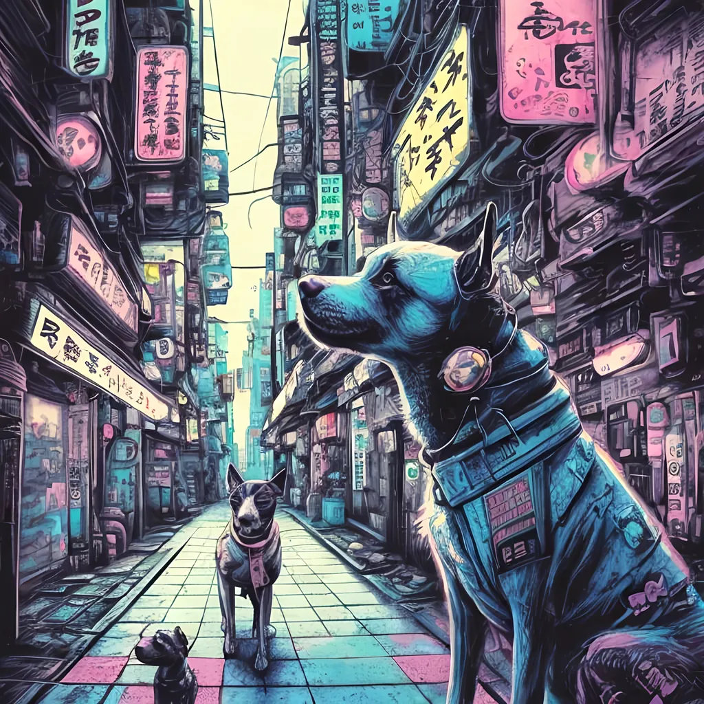 Prompt: pop art chalk pastel, a detailed grunge dog in the streets in cyberpunk japan, detailed background, natural lighting, highres, fun