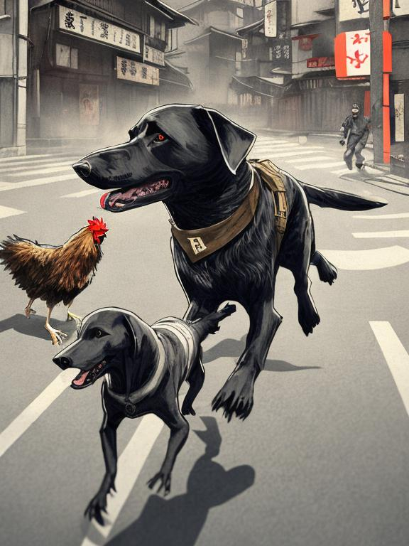 Prompt: a black dog wearing a nazi uniform chasing a chicken in the streets in japan, sketch, detailed background, highres, fun atmosphere, natural lighting, pastel colors, abstract, fun