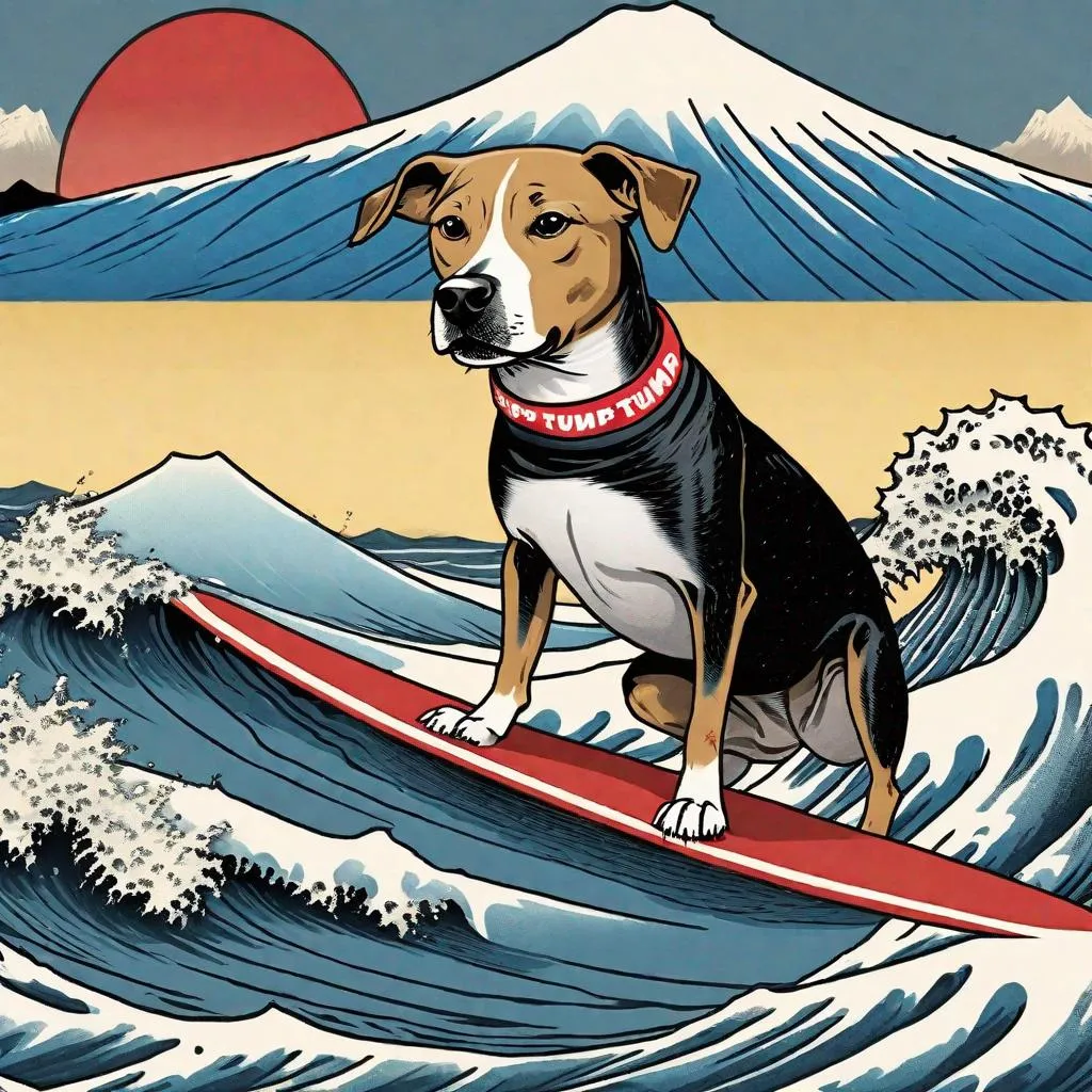 Prompt: black mountain cur dogs surfing in hiroshige wave wearing pro trump clothes