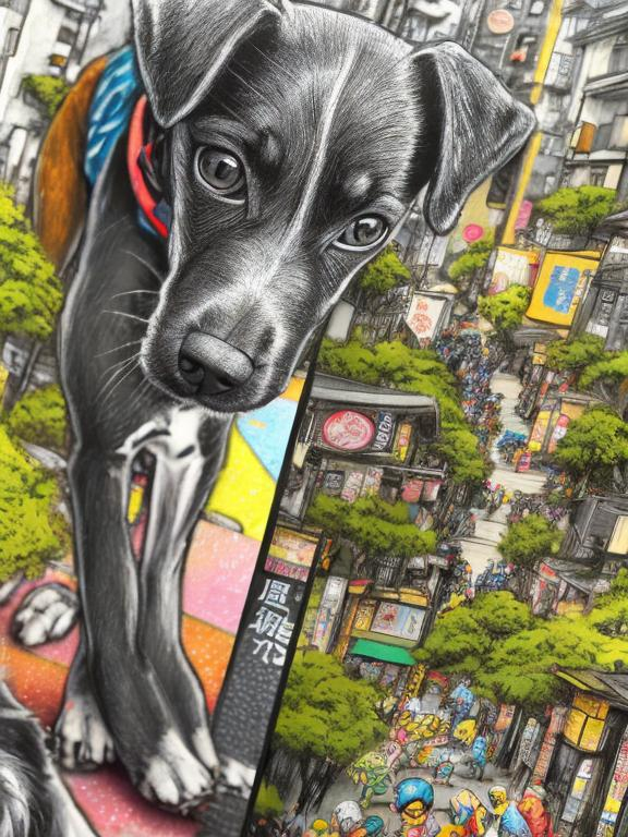 Prompt: pop art chalk pastel art of detailed dogs wearing clothes playing in the streets in japan during a festival, sketch, detailed background, highres, fun atmosphere, natural lighting,  abstract, fun