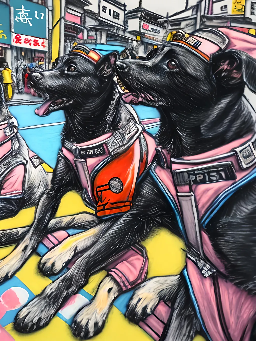 Prompt: pop art chalk pastel art of detailed dogs wearing pilot uniforms playing in the streets in japan during a festival, sketch, detailed background, highres, fun atmosphere, natural lighting,  abstract, fun