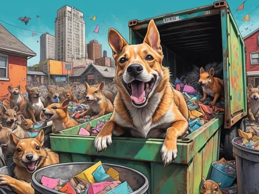 Prompt: Detailed happy dog dumpster diving during a festival, sketch, pop art chalk pastel, detailed post-apocalyptic city background, grunge, highres, abstract, natural lighting, lively atmosphere, fun, detailed dogs, detailed squirrels, colorful, chaotic, vibrant, happy-go-lucky