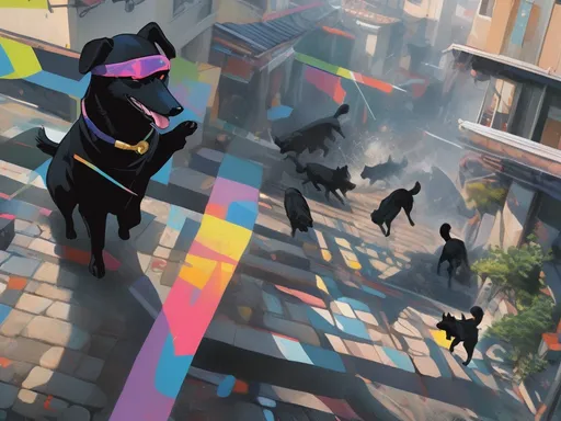 Prompt: black dog wearing ninja clothes having fun in the streets with a battle in the background, dogs, abstract art, Screen print, digital art, 8k resolution trending on Artstation, golden ratio, akira, rule of thirds, geometric bauhaus, Studio Ghibli, Anime Key Visual, by Makoto Shinkai, Deep Color, Intricate, 8k resolution concept art, Natural Lighting, Beautiful Composition