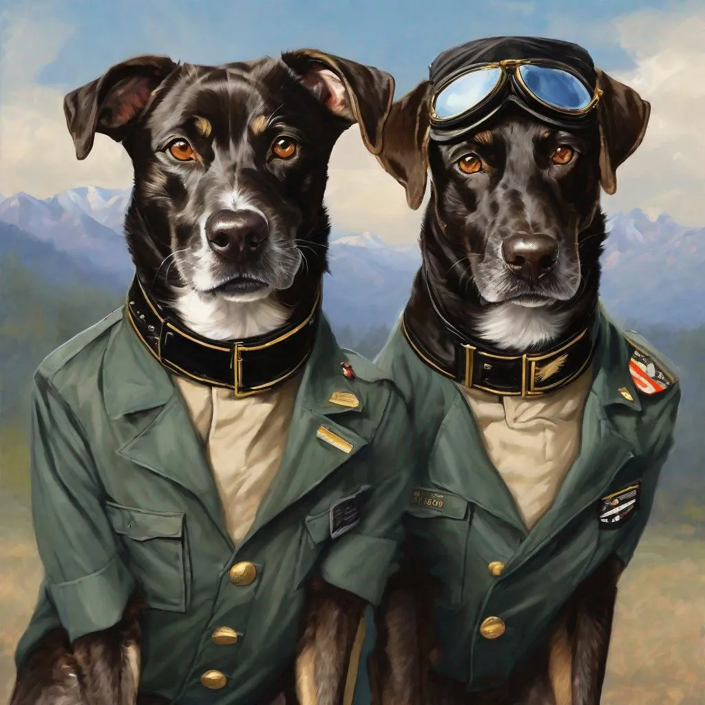 Prompt: mountain cur black dogs in pilots uniform art