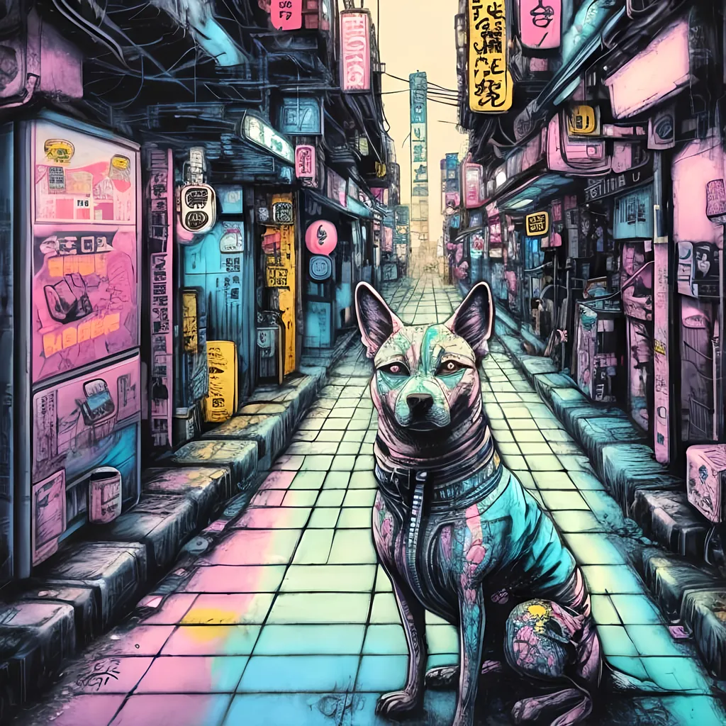 Prompt: pop art chalk pastel, a detailed grunge dog in the streets in cyberpunk japan, detailed background, natural lighting, highres, fun