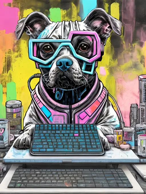 Prompt: pop art chalk pastel art of detailed dog hacking computers in cyberpunk japan, sketch, detailed background, highres, fun atmosphere, natural lighting,  abstract, fun