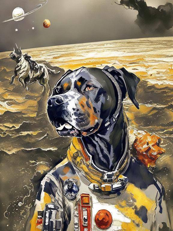 Prompt: Surrealism black dogs in cowboy outfits in space, abstract art style, cowboy hat, eerie atmosphere, floating celestial bodies, mysterious nebulae, dreamlike, surreal, high contrast, otherworldly, abstract, space, astronaut, fun atmosphere, celestial bodies, dreamlike, surreal, high contrast, mysterious, nebulae, dogs