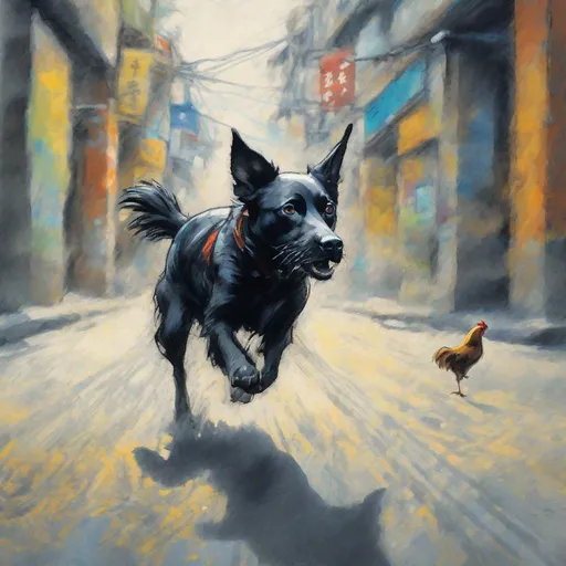 Prompt: chalk pastel art of a black dog wearing clothes chasing a chicken in the streets in japan, sketch, detailed background, highres, fun atmosphere, natural lighting, pastel colors, abstract, fun