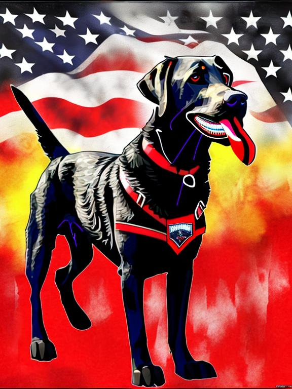 Prompt: Mountain cur black dog in pro trump clothing abstract art style