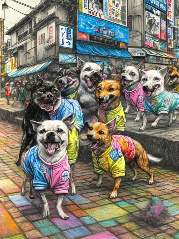 Prompt: pop art chalk pastel art of detailed dogs wearing clothes playing in the streets in japan during a festival, sketch, detailed background, highres, fun atmosphere, natural lighting,  abstract, fun