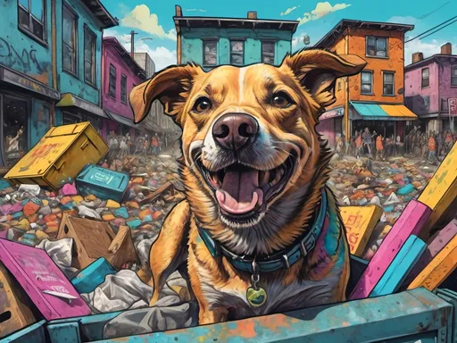 Prompt: Detailed happy dog dumpster diving during a festival, sketch, pop art chalk pastel, detailed post-apocalyptic city background, grunge, highres, abstract, natural lighting, lively atmosphere, fun, detailed dogs, colorful, chaotic, vibrant, happy-go-lucky