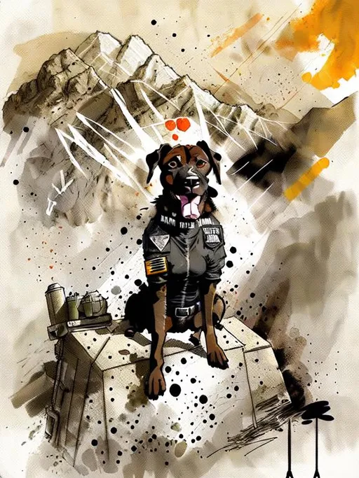 Prompt: mountain cur black dog in pilots uniform 