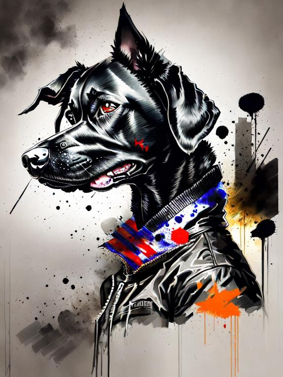 Prompt: surreal, Abstract art of a black dogs in gangster clothes, graffiti, streets, patriotic, detailed, atmospheric lighting, battle in the background, highres, abstract, gangster, detailed clothing, patriotic theme, streets, atmospheric lighting, dogs