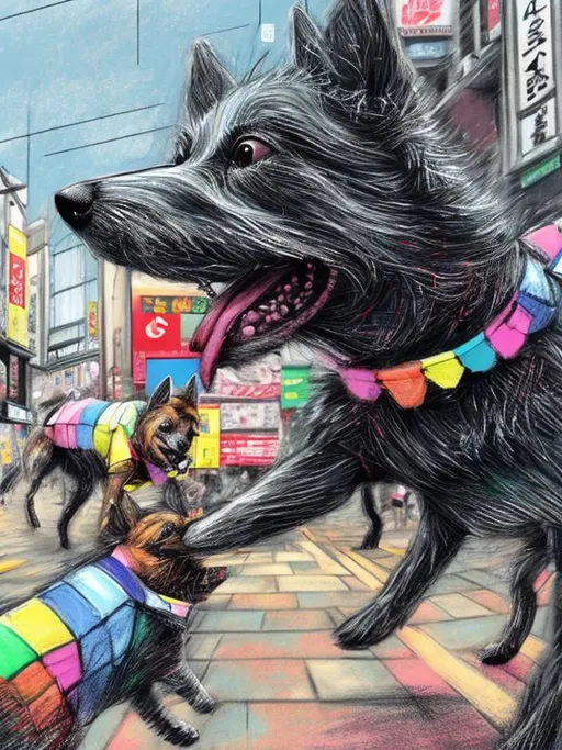 Prompt: pop art chalk pastel art of detailed dogs wearing clothes playing in the streets in japan during a festival, sketch, detailed background, highres, fun atmosphere, natural lighting,  abstract, fun