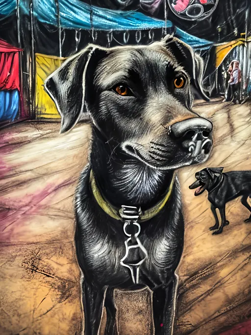 Prompt: Detailed mountain cur all black dog at a circus, festival, chalk pastel, grunge, highres, abstract, natural lighting, lively atmosphere, fun, vibrant, happy-go-lucky, detailed dogs, detailed eyes, detailed fur, festive, flying, post-apocalyptic, Japan, chalk pastel, detailed background, grunge style, abstract art, high quality, natural lighting