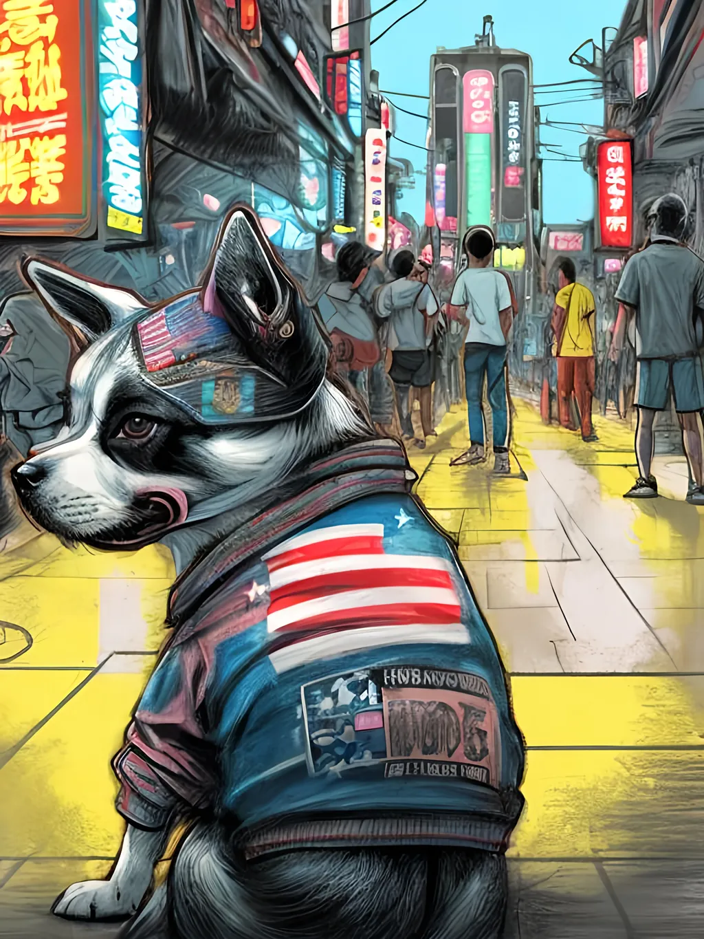 Prompt: pop art chalk pastel art of detailed dog wearing USA clothes playing in the streets in cyberpunk japan during a festival, sketch, detailed background, highres, fun atmosphere, natural lighting,  abstract, fun