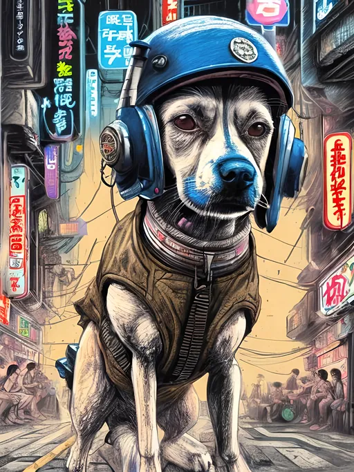 Prompt: pop art chalk pastel art of a detailed dog wearing a pilot uniform playing in the streets in cyberpunk japan during a festival, sketch, detailed background, highres, fun atmosphere, natural lighting,  abstract, fun