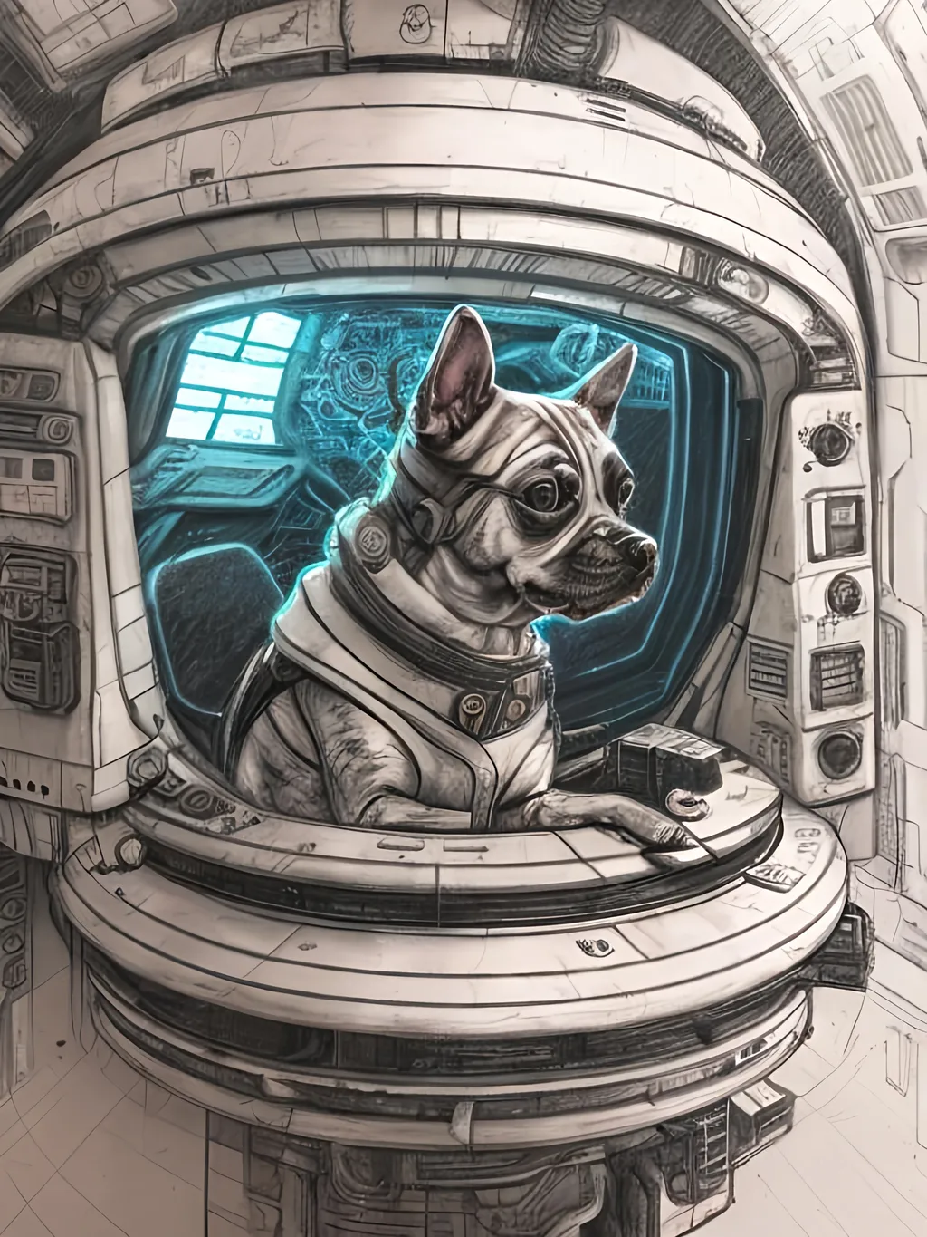 Prompt: chalk pastel style of a  detailed dog in a cyberpunk spaceship, sketch, detailed background, highres, fun atmosphere, natural lighting,  abstract, fun