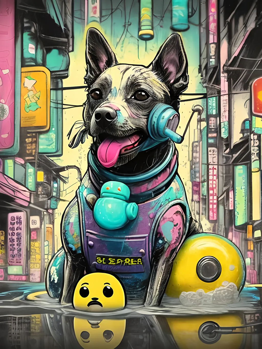 Prompt: pop art chalk pastel art of detailed dog taking a bath with a rubber ducky in cyberpunk japan, sketch, detailed background, highres, fun atmosphere, natural lighting,  abstract, fun