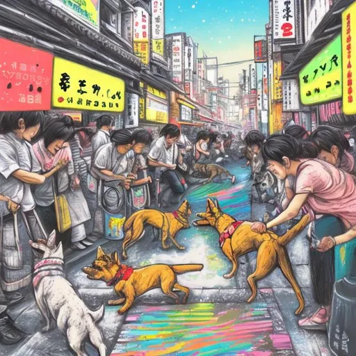 Prompt: pop art chalk pastel art of detailed dogs playing in the streets in japan during a festival, sketch, detailed background, highres, fun atmosphere, natural lighting,  abstract, fun