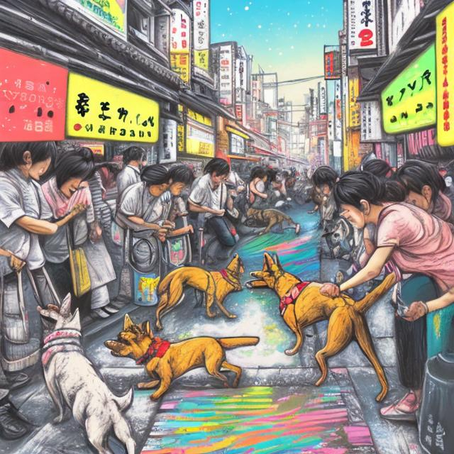 Prompt: pop art chalk pastel art of detailed dogs playing in the streets in japan during a festival, sketch, detailed background, highres, fun atmosphere, natural lighting,  abstract, fun