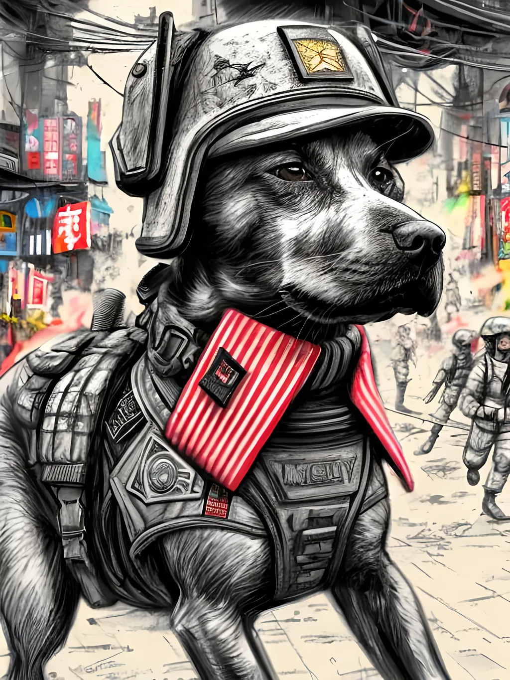 Prompt: pop art chalk pastel art of detailed dog wearing military uniforms<mymodel> playing in the streets in cyberpunk japan during a festival, sketch, detailed background, highres, fun atmosphere, natural lighting,  abstract, fun