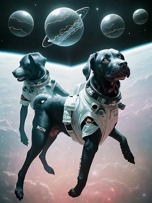 Prompt: Surrealism black dogs in astronaut outfits in space, abstract art style, eerie atmosphere, floating celestial bodies, mysterious nebulae, dreamlike, surreal, high contrast, otherworldly, abstract, space, astronaut, eerie atmosphere, celestial bodies, dreamlike, surreal, high contrast, mysterious, nebulae, dogs