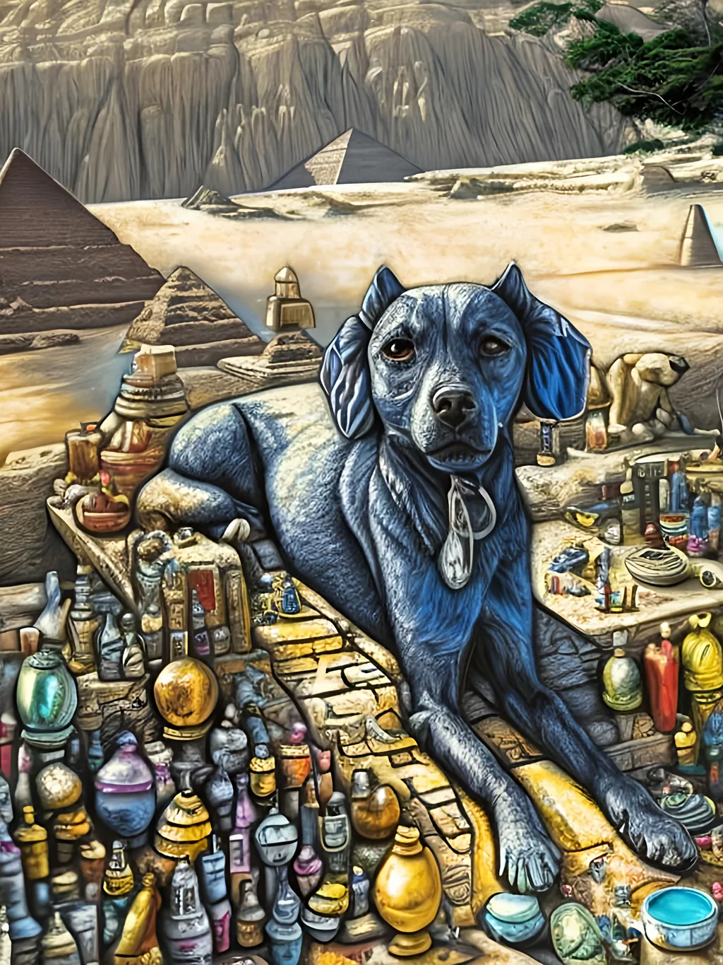 Prompt: pop art chalk pastel art of detailed dog as the sphinx in egypt, sketch, detailed background, highres, fun atmosphere, natural lighting,  abstract, fun