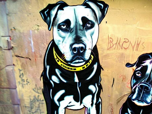 Prompt: mountain cur black dogs in gangster rappers clothing graffiting