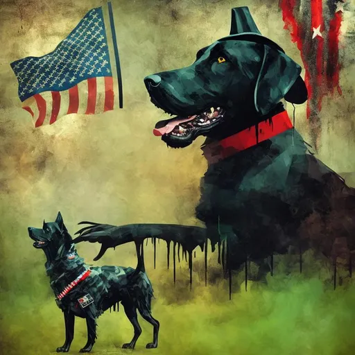 Prompt: Surreal, abstract art of black dogs in patriotic soldier outfits, cowboy hat, high contrast, dreamlike, otherworldly, fun atmosphere, mysterious, USA, vibrant colors, highres, professional art, abstract, atmospheric lighting