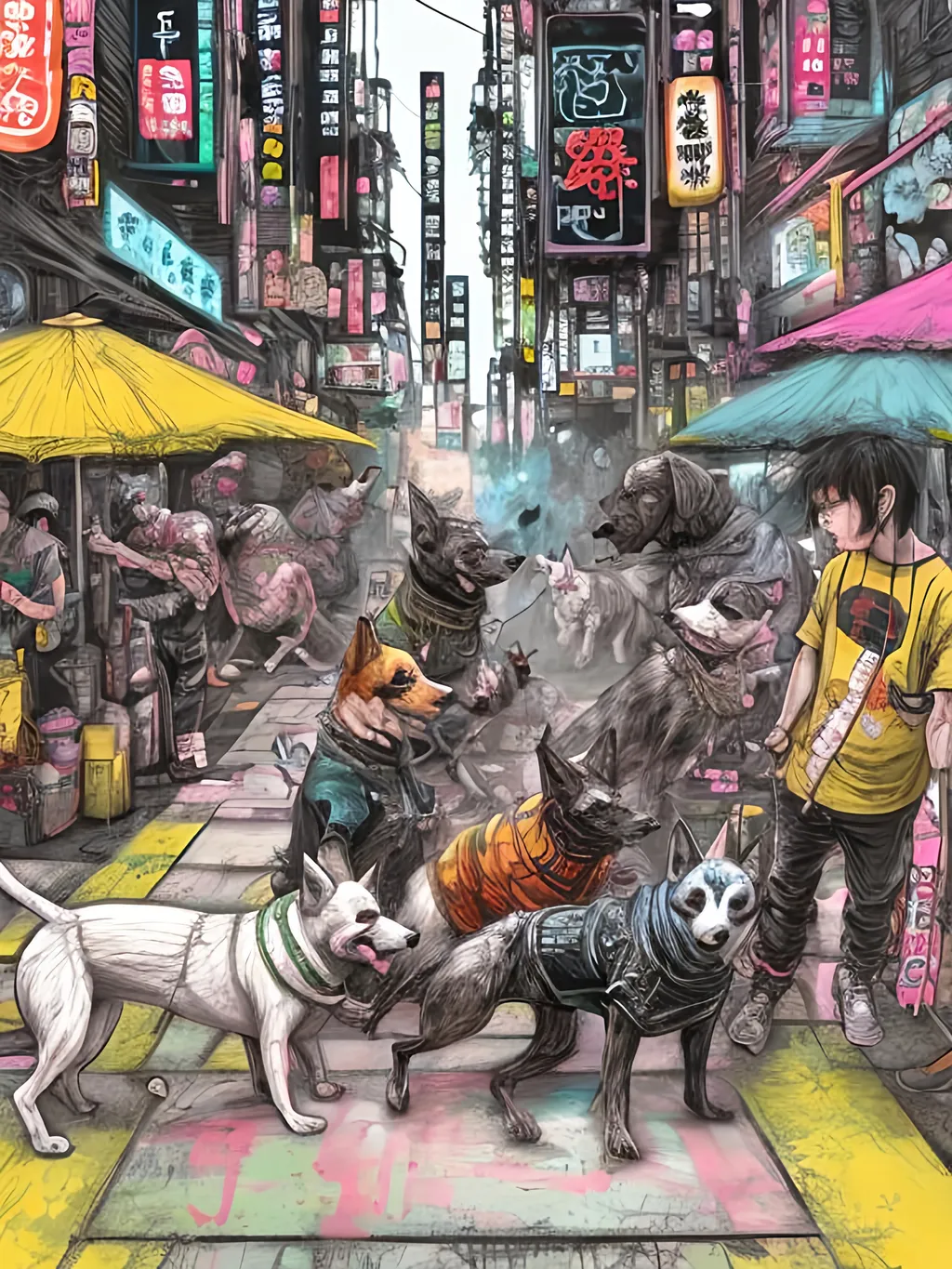 Prompt: pop art chalk pastel art of detailed dogs wearing gangster clothes playing in the streets in cyberpunk japan during a festival, sketch, detailed background, highres, fun atmosphere, natural lighting,  abstract, fun
