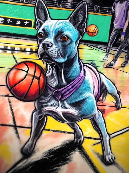 Prompt: pop art chalk pastel art of detailed dog at a basket ball game in cyberpunk japan, sketch, detailed background, highres, fun atmosphere, natural lighting,  abstract, fun