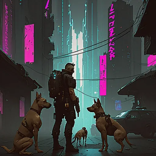 Prompt: cyberpunk city with dogs
