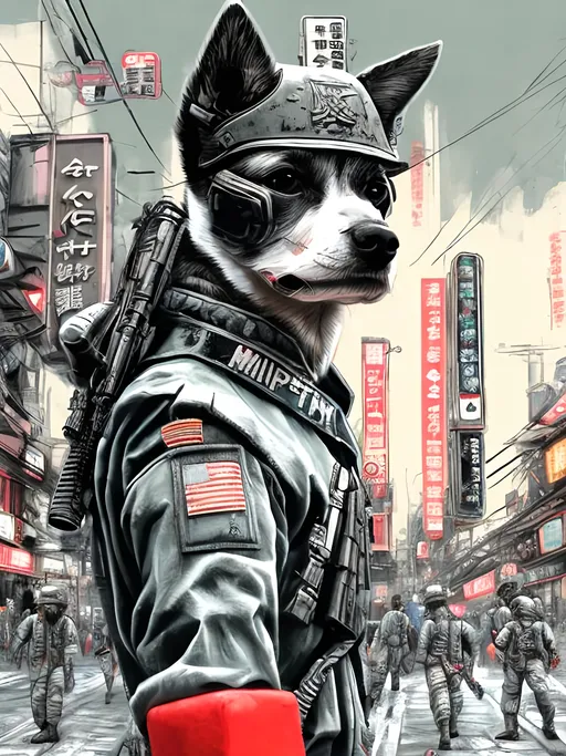 Prompt: pop art chalk pastel art of detailed dog wearing military uniforms<mymodel> playing in the streets in cyberpunk japan during a festival, sketch, detailed background, highres, fun atmosphere, natural lighting,  abstract, fun