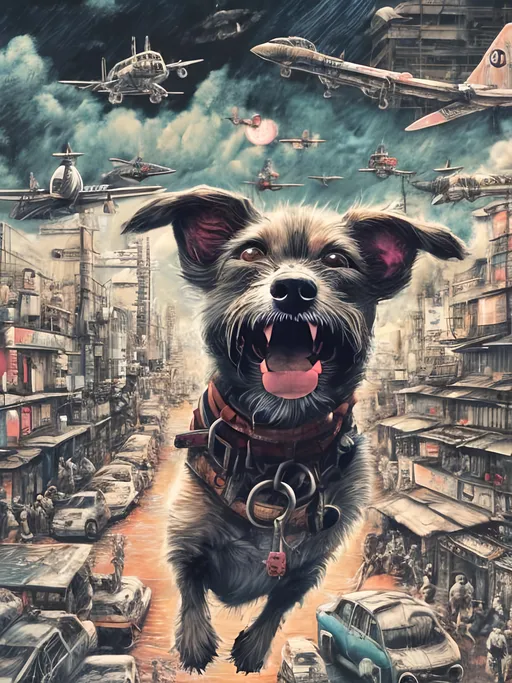 Prompt: Detailed happy dog flying in post-apocalyptic japan during a festival, sketch, chalk pastel, detailed planes in the background, grunge, highres, abstract, natural lighting, lively atmosphere, fun, detailed dogs, vibrant, happy-go-lucky
