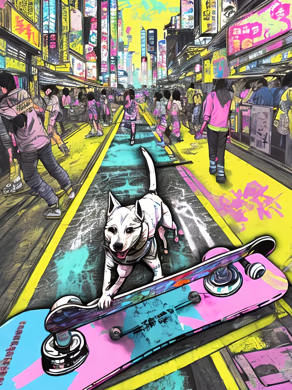 Prompt: pop art chalk pastel art of detailed dog skate boarding in cyberpunk japan during a festival, sketch, detailed background, highres, fun atmosphere, natural lighting,  abstract, fun