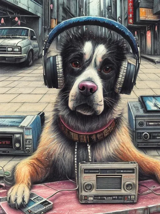 Prompt: chalk pastel art of a detailed dog listening to music on a tape player on the streets in post-apocalyptic Japan during a festival with planes in the background, sketch, detailed background, highres, fun atmosphere, natural lighting,  abstract, fun