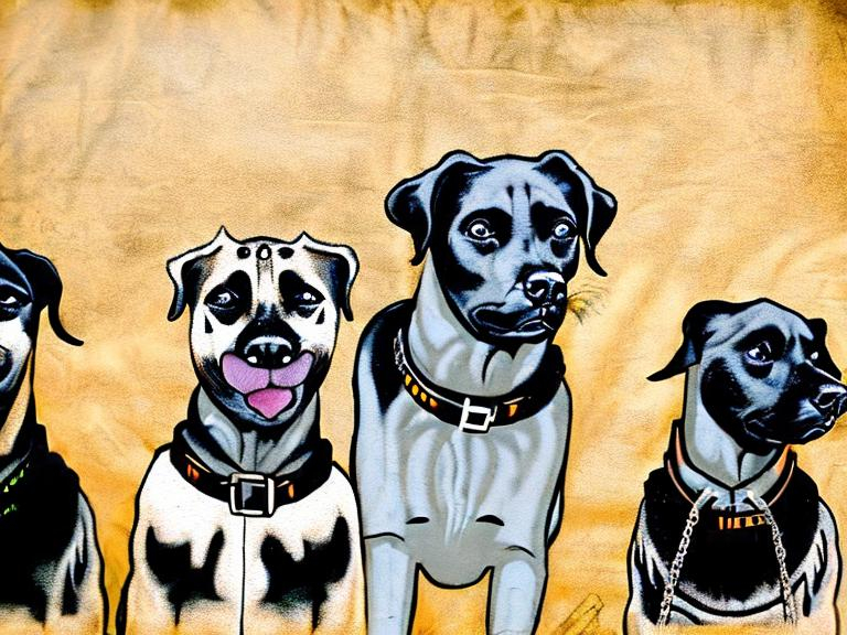 Prompt: mountain cur black dogs in gangster rappers clothing graffiti