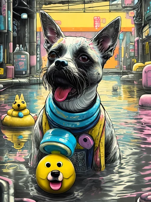 Prompt: pop art chalk pastel art of detailed dog taking a bath with a rubber ducky in cyberpunk japan, sketch, detailed background, highres, fun atmosphere, natural lighting,  abstract, fun