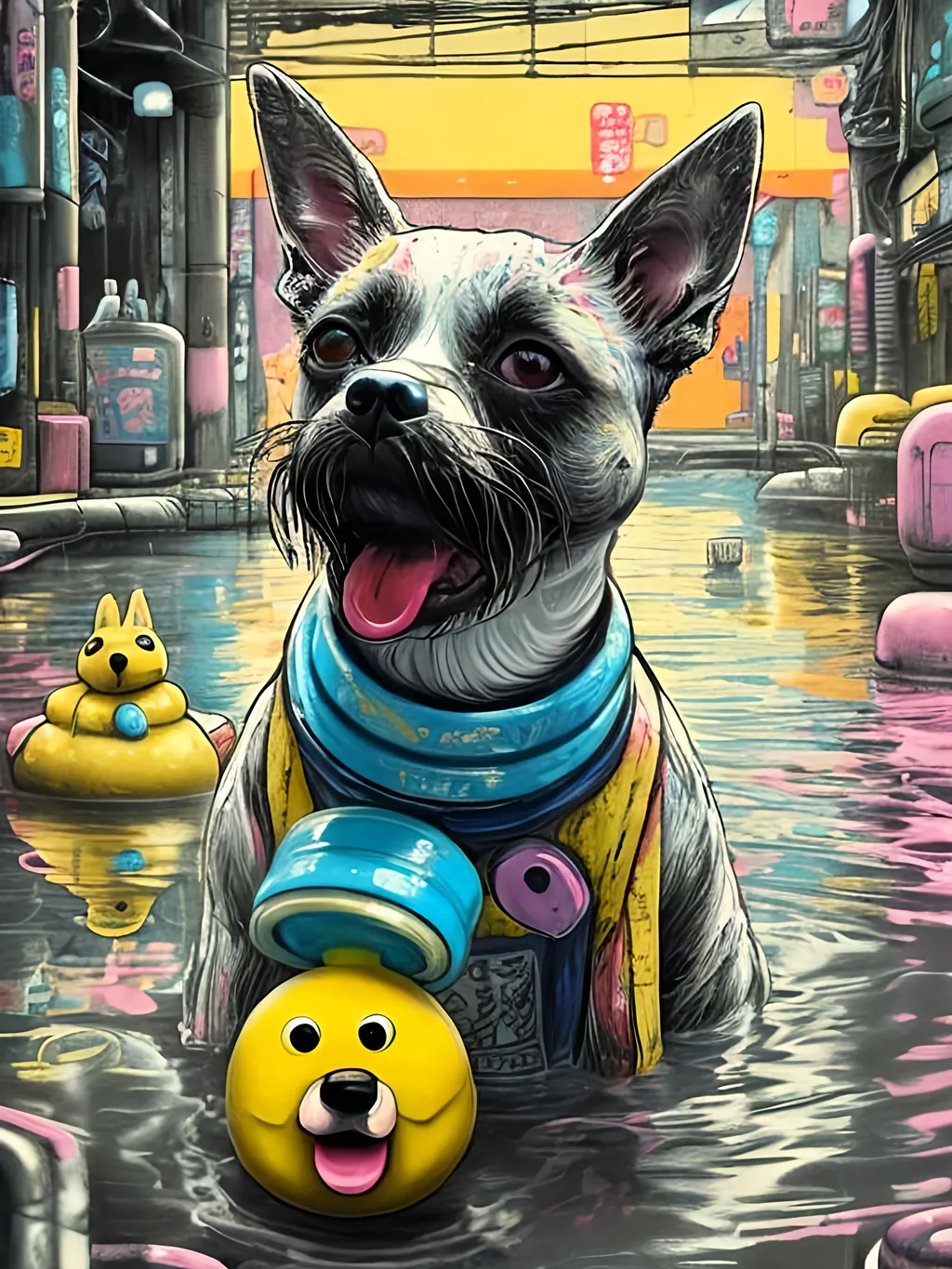 Prompt: pop art chalk pastel art of detailed dog taking a bath with a rubber ducky in cyberpunk japan, sketch, detailed background, highres, fun atmosphere, natural lighting,  abstract, fun