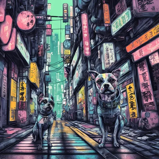 Prompt: pop art chalk pastel, a detailed grunge dog in the streets in cyberpunk japan, detailed background, natural lighting, highres, fun