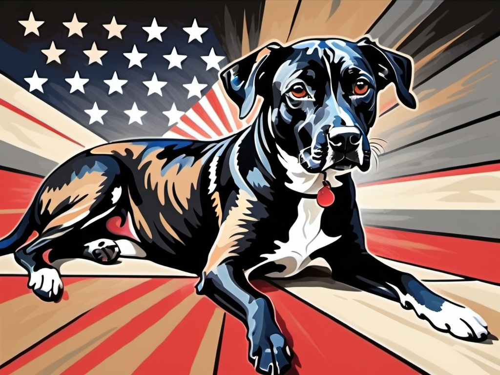 Prompt: Mountain cur black dog in pro trump clothing abstract art style